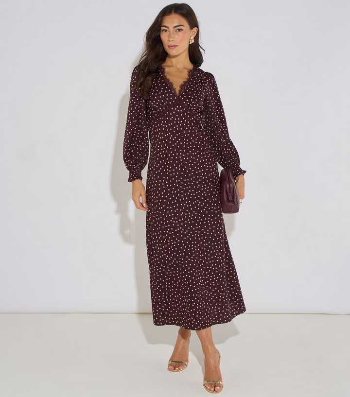 Gini London Brown Polka Dot Lace Trim Midi Dress