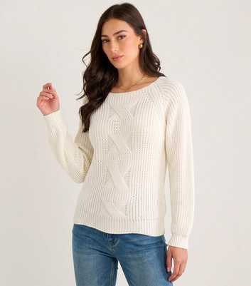 Gini London White Cable Knit Scallop Hem Jumper