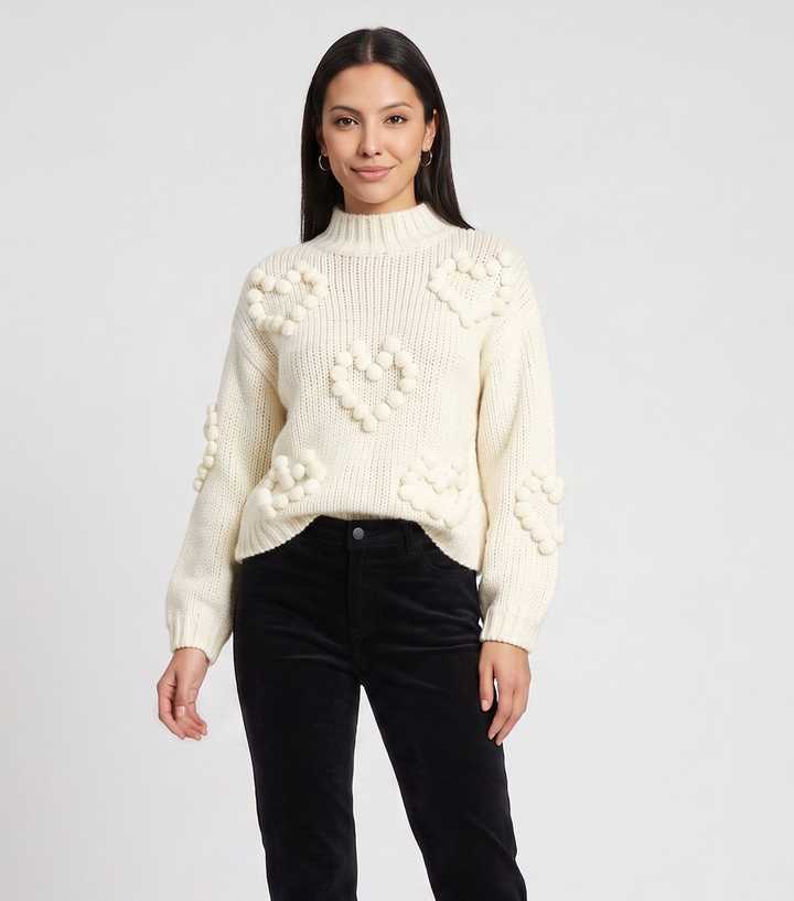 Gini London Cream Chunky Knit Heart Pom Pom Embroidery High Neck Jumper