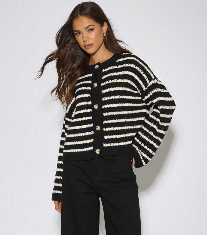 Gini London Black Stripe Cable Knit Cropped Cardigan