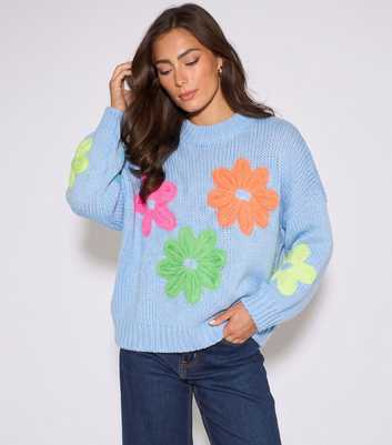 Gini London Light Blue Chunky Knit Floral Crochet Jumper