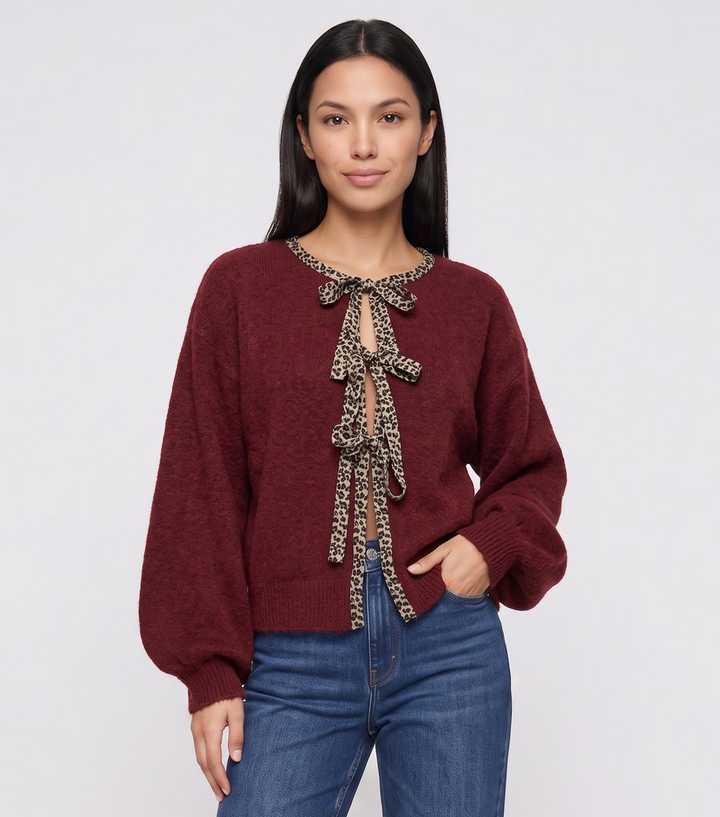 Gini London Dark Burgundy Knit Contrast Trim Cardigan
