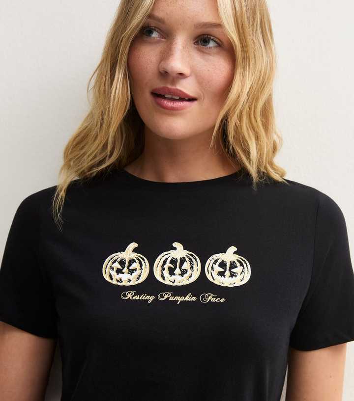 Black Cotton Halloween Pumpkin Crew Neck T-Shirt