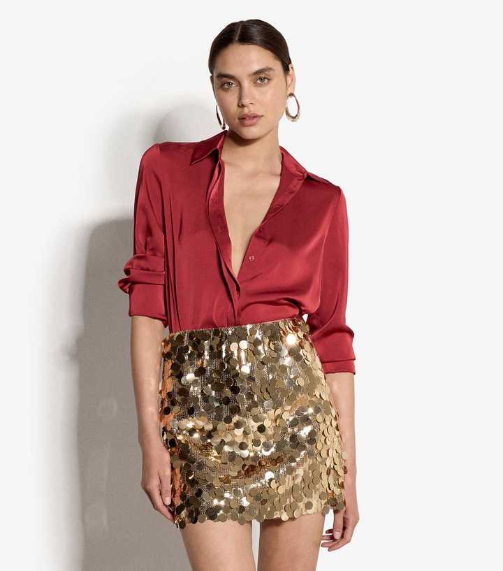 Apricot Gold Sequin Embellished Pencil Mini Skirt