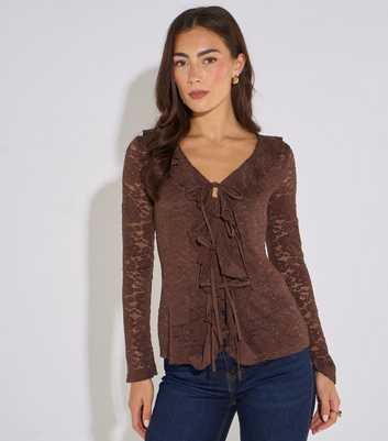 Gini London Dark Brown Jersey Lace Ruffle Blouse