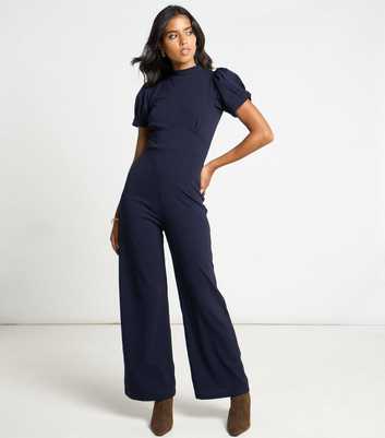 Navy Puff Sleeve High Neck Jumpsuit