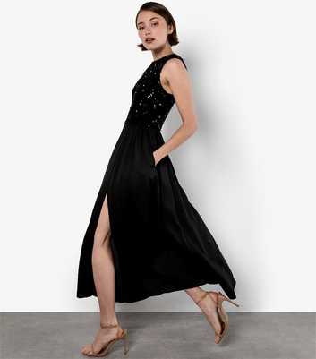 Apricot Black Sequin Bodice Side Split Maxi Dress