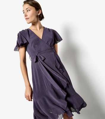 Apricot Dark Purple Sparkle V-Neck Wrap Ruffle Hem Mini Dress