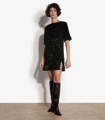 Apricot Dark Green Sequin Embellished Bow Back Mini Dress
