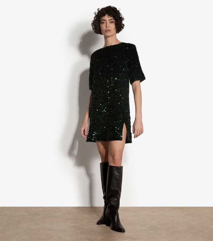 Apricot Dark Green Sequin Embellished Bow Back Mini Dress