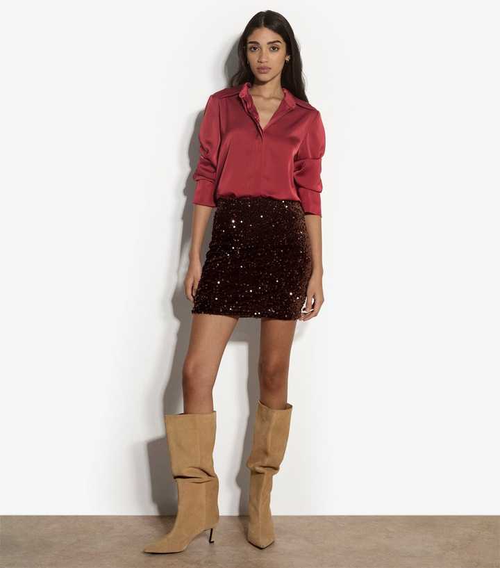 Apricot Dark Brown Sequin Bodycon Mini Skirt