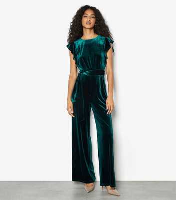 Apricot Dark Green Velvet Ruffle Trim Sleeveless Jumpsuit