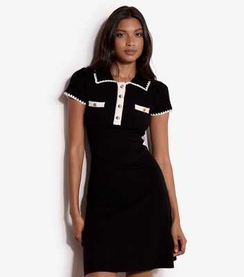 Apricot Black Contrast Stitch Collared Mini Dress