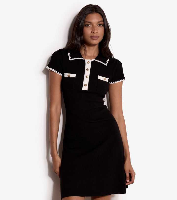 Apricot Black Contrast Stitch Collared Mini Dress