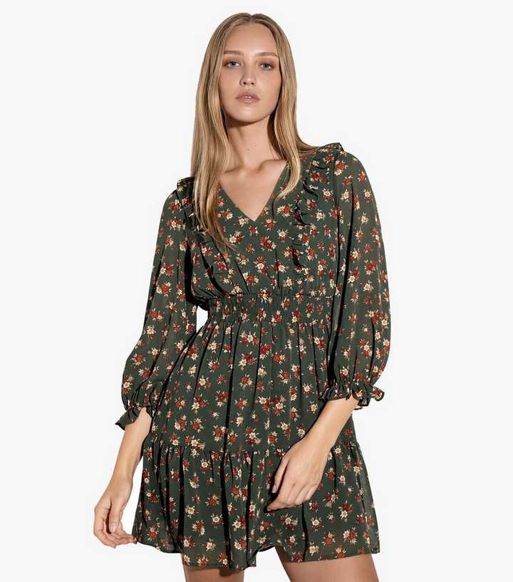 Apricot Green Floral Ditsy Print Ruffle Mini Dress