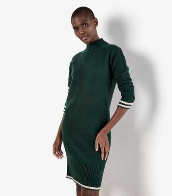 Apricot Green Cotton Rich Knitted High Neck Striped Trim Midi Dress