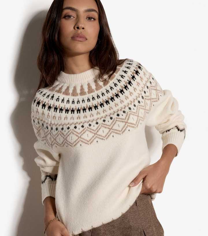 Apricot White Fair Isle Knitted Crew Neck Jumper