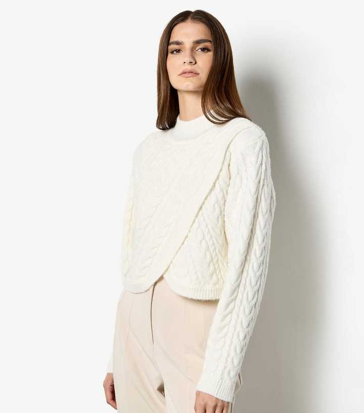 Apricot Cream Cable Knit Mock Neck Front Wrap Jumper