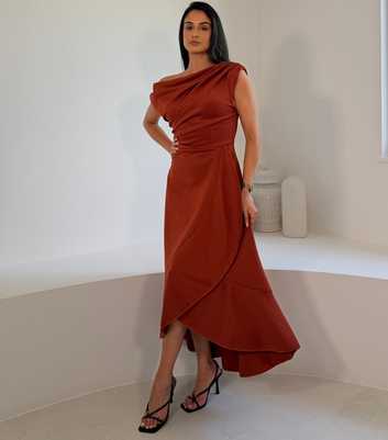 Girl In Mind Burnt Orange Off The Shoulder Draped Wrap Maxi Dress