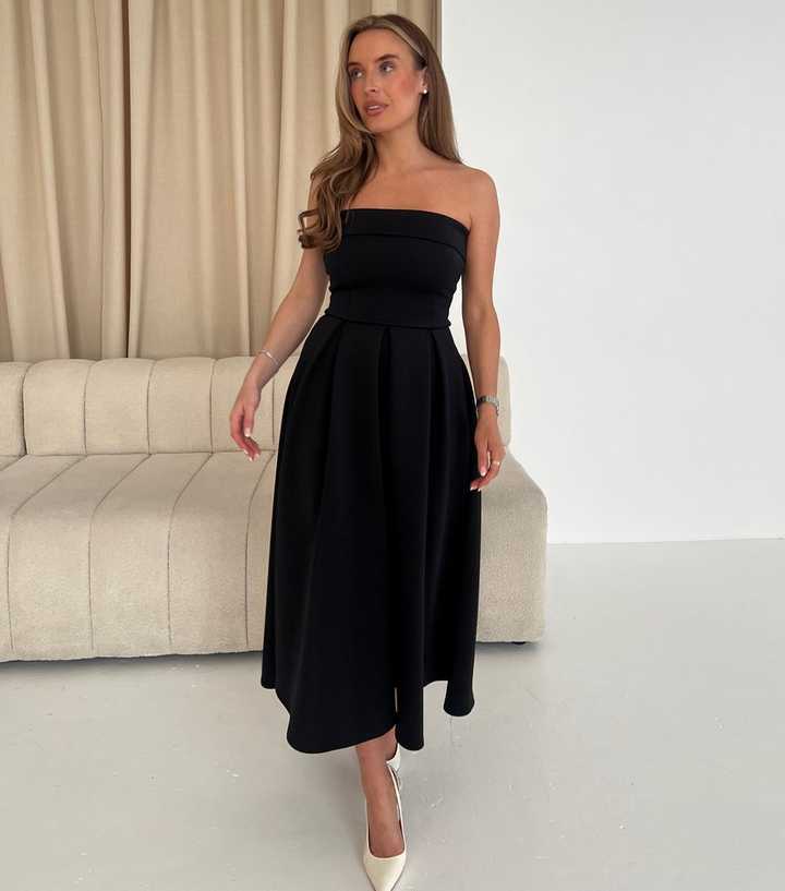 Girl In Mind Black Bandeau Pleated Skirt Midi Dress