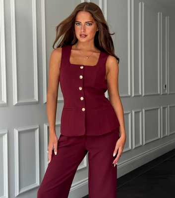 Girl In Mind Dark Burgundy Square Neck Gold Tone Button Up Waistcoat Top