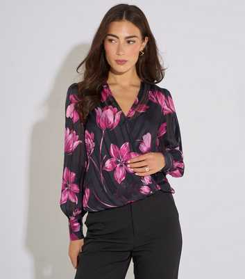 Gini London Black Floral Print Wrap Stripe Jacquard Top