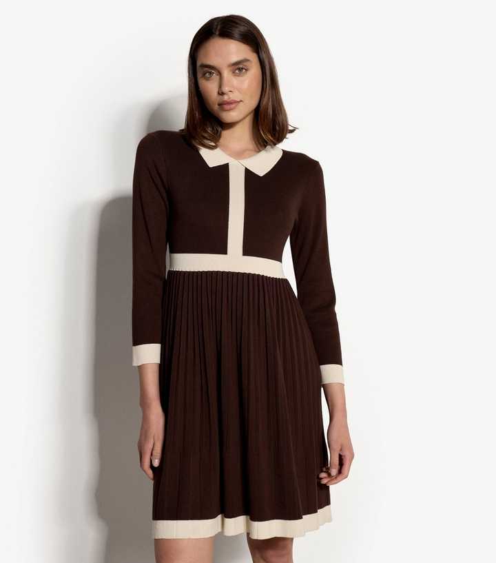 Apricot Brown Contrast Trim Retro Pleated Dress