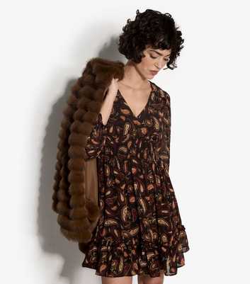 Apricot Black Paisley Print Ruffle Dress