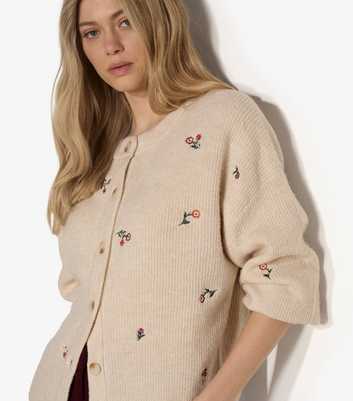 Apricot Stone Floral Embroidered Ribbed Cardigan