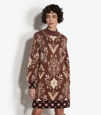 Apricot Brown Mirror Jacquard Knit Dress