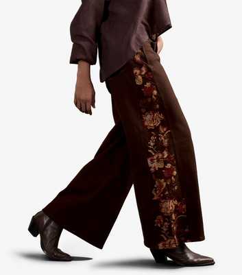 Apricot Brown Floral Embroidered Trim Wide Leg Jeans