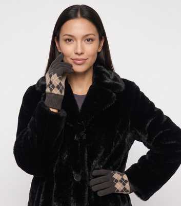 Gini London Dark Brown Argyle Knit Gloves