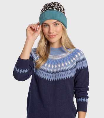 Gini London Knitted Leopard Print Contrast Stripe Beanie Hat