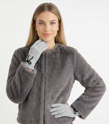 Gini London Dark Grey Knitted Bow Embellished Gloves