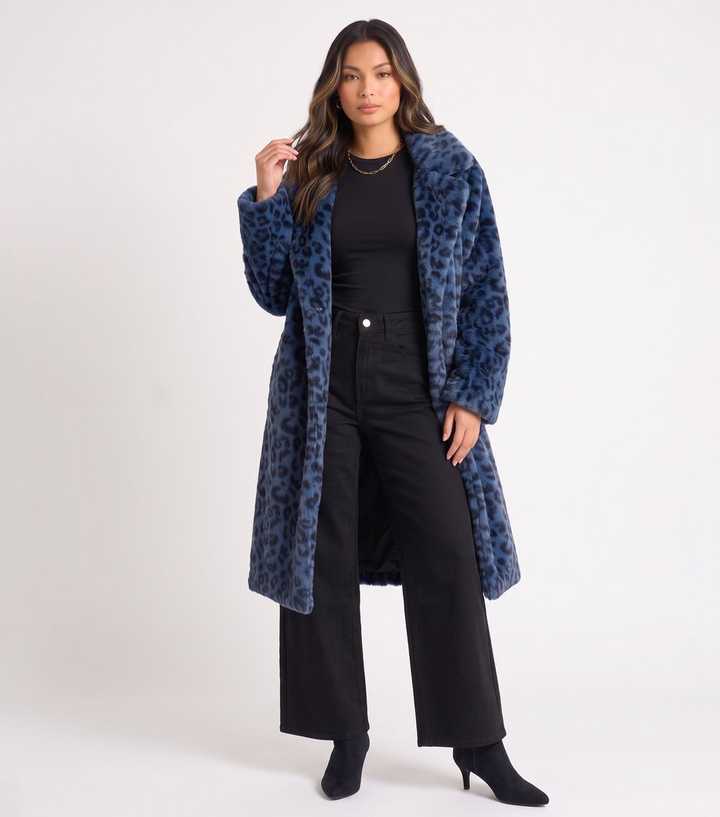 Gini London Blue Leopard Print Faux Fur Longline Coat