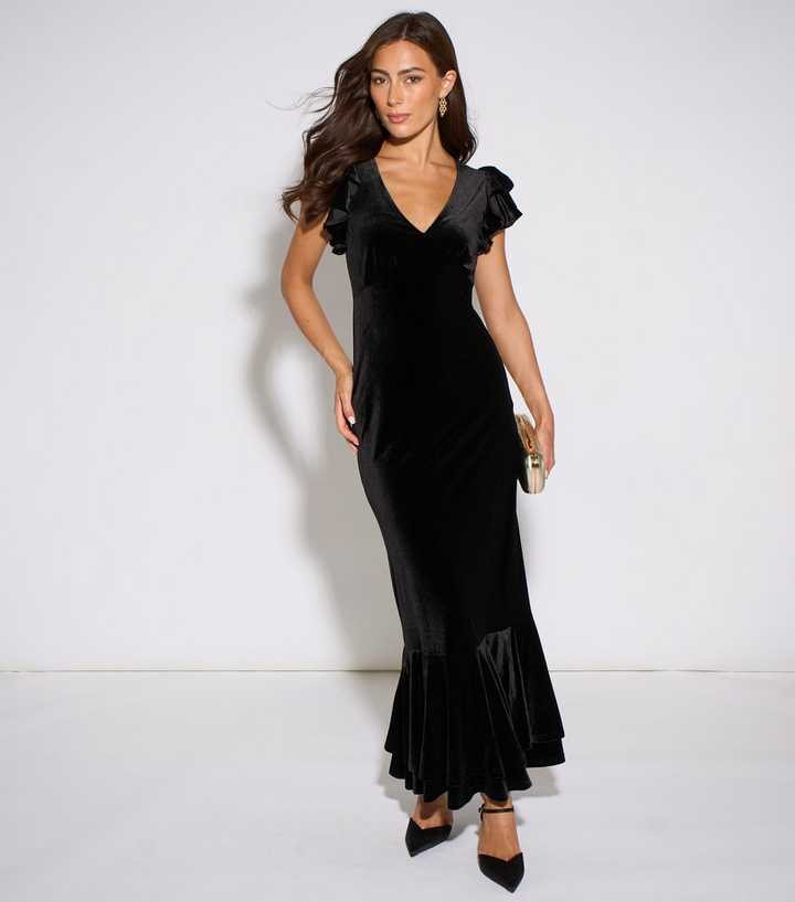 Gini London Black Velvet V-Neck Ruffle Sleeve Maxi Dress