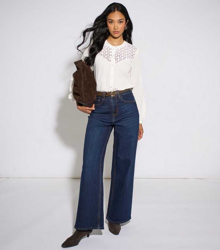 Gini London Dark Blue Denim Mid Rise Wide Leg Jeans
