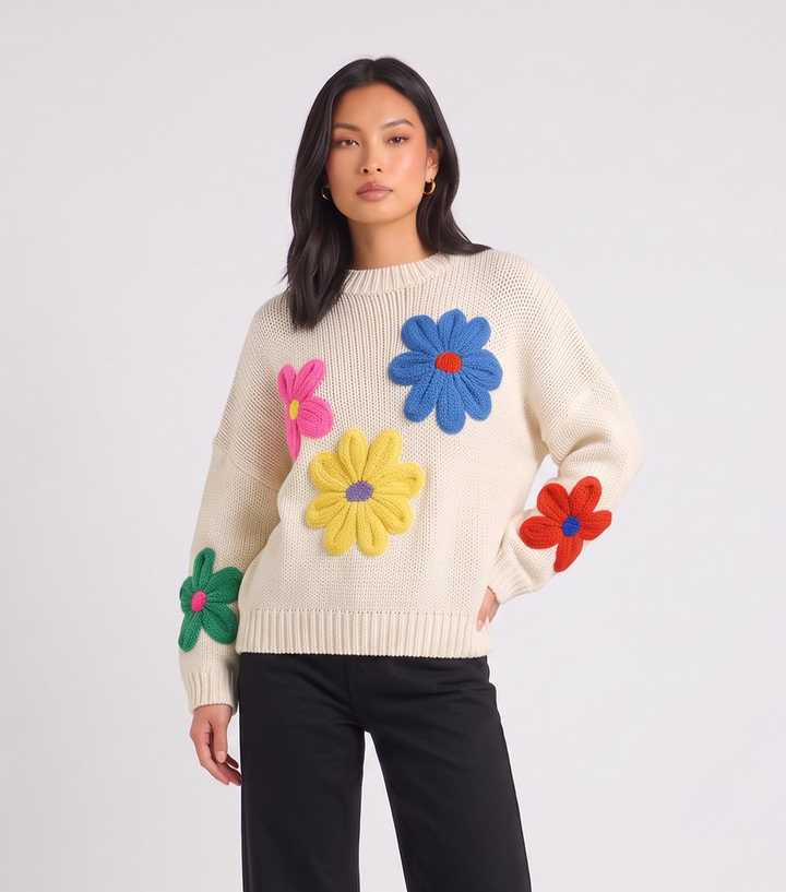 Gini London Cream Floral Oversized Jumper