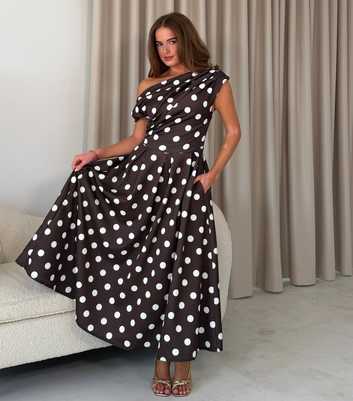 Girl In Mind Dark Brown Polka Dot Off The Shoulder Pleated Skirt Midi Dress