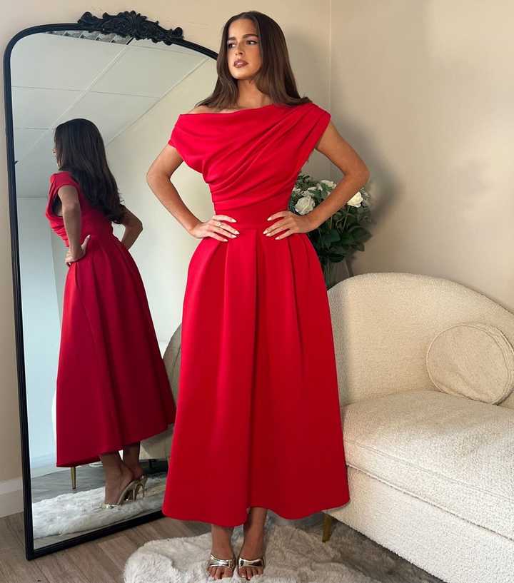 Girl In Mind Bright Red Off The Shoulder Pleated Skirt Midi Dress