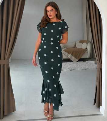 Girl In Mind Dark Green Polka Dot Boat Neck Frill Midi Dress