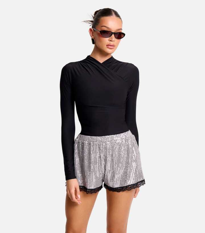 Public Desire Black Lace Hem Sequin Shorts