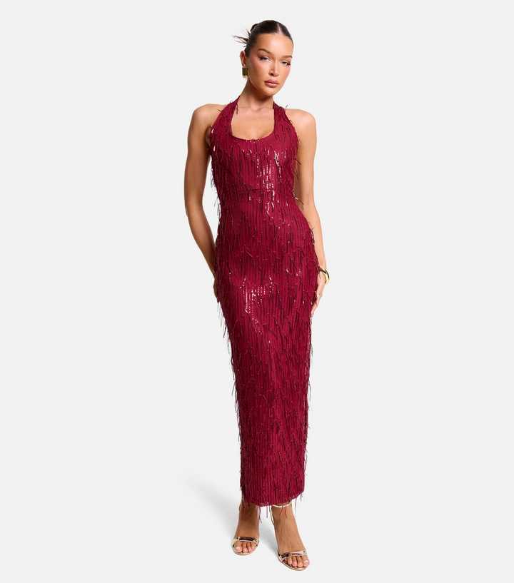 Public Desire Bright Red Halter Neck Sequin Maxi Dress
