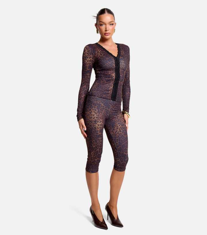 Public Desire Brown Leopard Print Lace Trim Capri Trousers
