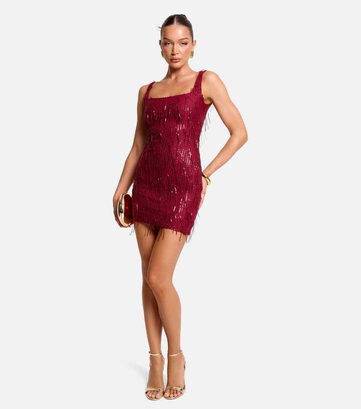 Public Desire Bright Red Square Neck Sequin Tassel Mini Dress