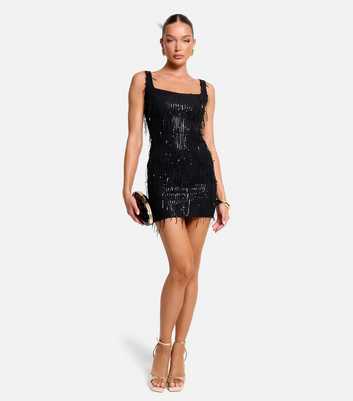 Public Desire Black Square Neck Sequin Tassel Mini Dress