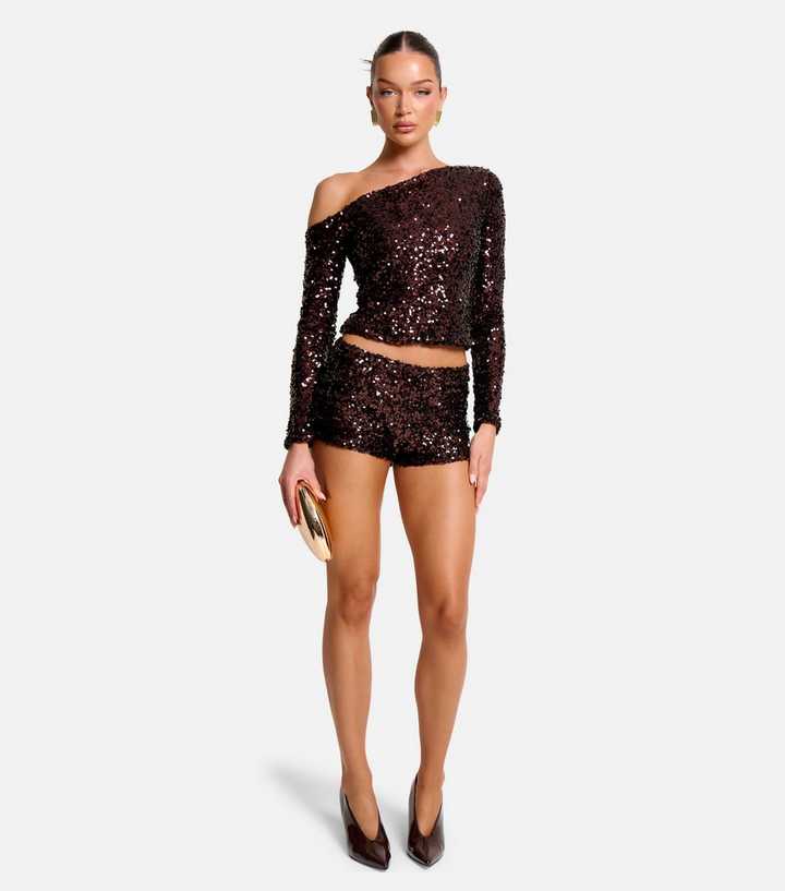 Public Desire Dark Brown Sequin Off the Shoulder Top