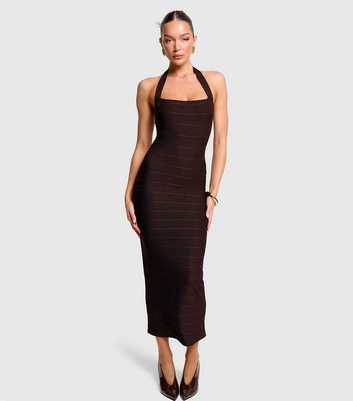 Public Desire Dark Brown Halter Neck Bandage Midi Dress