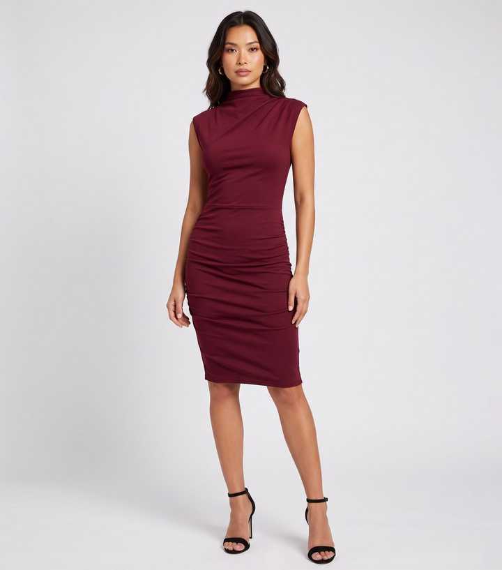 Gini London Dark Burgundy High Neck Ruched Seam Mini Dress