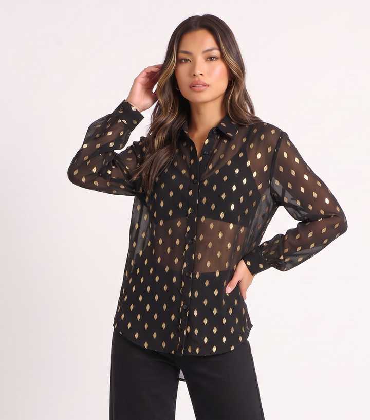 Gini London Black Chiffon Gold Jacquard Shirt